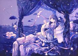 1girl acrylic_paint_(medium) animal armillary_sphere baby_animal barefoot bed bird bright_pupils brown_eyes brown_hair canopy_bed chick city_lights closed_eyes closed_mouth cloud constellation crescent curtains cygnet dress duck duckling female_focus flat_chest frilled_dress frilled_sleeves frills full_body glowing hand_up happy highres horizon leaning_back long_hair matching_hair/eyes night on_bed original outdoors painting_(medium) pillow pink_ribbon purple_dress purple_sky purple_theme ribbon scorpius_(constellation) sitting sky sleeping smile solo star_(sky) star_(symbol) susutouka swan traditional_media water white_pupils
