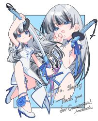 Rule 34 | 1girl, absurdres, artist name, blue eyes, blue flower, blue rose, blush, breasts, china dress, chinese clothes, commentary request, commission, deformed, dress, floral print, flower, high heels, highres, holding, holding sword, holding weapon, iromimori, katana, looking at viewer, multicolored shoes, multiple views, original, pink nails, rose, sheath, side slit, skeb commission, smile, standing, standing on one leg, sword, two-tone dress, two-tone shoes, unsheathing, weapon, white dress, white hair