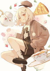 1girl absurdres amai_melo black_shoes black_skirt blonde_hair bow bowtie collared_shirt commentary cup ear_piercing flower food fruit grey_hair hair_between_eyes hair_ornament hairpin highres jacket lemon lemon_slice long_sleeves looking_at_viewer multicolored_eyes open_clothes open_jacket original pie pie_slice piercing pleated_skirt red_eyes rose shirt shoes short_hair simple_background skirt sleeves_past_fingers sleeves_past_wrists solo strawberry symbol-only_commentary teacup teapot tongue tongue_out white_shirt