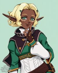 Rule 34 | 1girl, alternate hair length, alternate hairstyle, artist name, blonde hair, brown gloves, closed mouth, commentary, cosplay, dark-skinned female, dark skin, english commentary, english text, eyelashes, fingerless gloves, gloves, green eyes, hair ornament, hairclip, hand on own face, nintendo, pointy ears, princess zelda, princess zelda (cosplay), simple background, smile, solo, sonia (zelda), the legend of zelda, the legend of zelda: tears of the kingdom, theskywaker, upper body, zonai