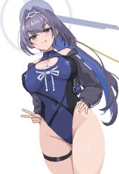 artist_request bikini blue_hair breasts covered_navel hair_intakes halo hololive hololive_english holonatsu_paradise large_breasts long_hair mechanical_halo official_alternate_costume one-piece_swimsuit ouro_kronii ouro_kronii_(holonatsu_paradise) pixel_art simple_background solo swimsuit tongue tongue_out v virtual_youtuber white_background