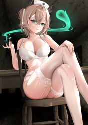 Rule 34 | 1girl, absurdres, animal ears, ass, bra, breasts, brown hair, chair, cleavage, collarbone, commentary, crossed bangs, crossed legs, fine fabric emphasis, fingernails, garter belt, garter straps, green eyes, hair between eyes, hat, highres, holding, holding smoking pipe, indie virtual youtuber, lace, lace-trimmed bra, lace-trimmed thighhighs, lace garter belt, lace panties, lace trim, large breasts, light smile, lingerie, lips, looking at viewer, medium hair, naplings (nimi nightmare), nimi nightmare, nurse cap, on chair, one side up, panties, sitting, smoking pipe, solevisionarts, solo, strap gap, tapir ears, tapir girl, thighhighs, underwear, underwear only, virtual youtuber, white bra, white garter belt, white garter straps, white panties, white thighhighs, wooden chair