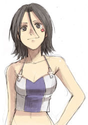 00s 1girl bare_arms bare_shoulders black_eyes black_hair breasts camisole cleavage crop_top eureka_seven eureka_seven_(series) female_focus hair_between_eyes light_smile medium_breasts midriff navel short_hair simple_background sketch sleeveless smile solo talho_yuuki tattoo upper_body white_background yu_65026