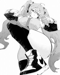 1girl ahoge ass breasts detached_sleeves fortnite from_below greyscale hair_between_eyes hair_ornament hatsune_miku highres large_breasts long_hair looking_at_viewer miregeist monochrome neck no_pants open_mouth shoes simple_background sleeveless sneakers solo thick_thighs thighhighs thighs twintails v very_long_hair vocaloid