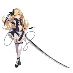 Rule 34 | 1girl, absurdres, alternate costume, anomarasu, apron, bare shoulders, belt, bikini, bikini top only, black bikini, black bow, black dress, black garter straps, black sleeves, blonde hair, blush stickers, bow, chain, collar, collared dress, dress, earrings, fang, frilled collar, frills, full body, garter straps, gloves, hair bow, highres, holding, holding weapon, jewelry, long hair, looking at viewer, loose belt, maid apron, maid headdress, mary janes, monogatari (series), o-ring, o-ring top, oshino shinobu, puffy sleeves, shoes, skin fang, sleeveless, sleeveless dress, smile, solo, standing, star (symbol), stud earrings, swimsuit, sword, thighhighs, very long hair, wavy mouth, weapon, white background, white gloves, white thighhighs, yellow eyes