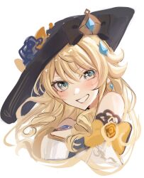 Rule 34 | 1girl, bare shoulders, black hat, blonde hair, blush, bow, genshin impact, grey eyes, grin, h 09ii, hat, highres, long hair, looking at viewer, navia (genshin impact), simple background, smile, solo, upper body, white background, yellow bow