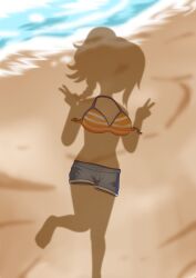 1girl absurdres beach bikini bikini_top_only completely_nude day dressed_shadow_(meme) female_pov highres implied_nudity love_live! love_live!_nijigasaki_high_school_idol_club miyashita_ai nude ocean official_alternate_costume orange_bikini outdoors pov sand shadow signature solo standing striped_bikini striped_bikini_top striped_clothes swimsuit unworn_bikini unworn_clothes water
