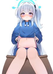 Rule 34 | 1girl, aged down, blue archive, blue eyes, blue halo, blue hoodie, blush, bow, commentary, halo, highres, holding, holding phone, hood, hoodie, miyako (blue archive), miyako (young) (blue archive), official alternate costume, phone, tisofofo, white background, white hair