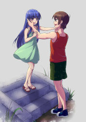 Rule 34 | 1boy, 1girl, absurdres, age difference, aqua dress, artifedex, blue hair, blunt bangs, brown hair, collarbone, dress, full body, furude rika, green shorts, hair between eyes, hand on another&#039;s cheek, hand on another&#039;s face, highres, higurashi no naku koro ni, holding hands, long hair, maebara keiichi, open mouth, purple eyes, red shirt, shirt, short dress, short hair, shorts, sleeveless, sleeveless dress, sleeveless shirt, standing, straight hair, sundress, teenage boy and younger girl, very long hair