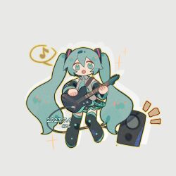 1girl aqua_eyes aqua_hair aqua_necktie bare_shoulders black_boots black_skirt black_sleeves blush_stickers boots collared_shirt commentary dated deformed detached_sleeves frilled_shirt_collar frills full_body grey_background grey_shirt hair_ornament hashtag-only_commentary hatsune_miku highres long_hair long_sleeves miniskirt musical_note necktie notice_lines open_mouth outline playing_guitar playing_instrument shirt simple_background skirt sleeveless sleeveless_shirt solo sparkle spoken_musical_note stereo thigh_boots twintails twitter_username very_long_hair vocaloid white_outline z6