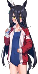 Rule 34 | 1girl, ahoge, black hair, blue one-piece swimsuit, blush, bottle, brand name imitation, commentary request, competition school swimsuit, covered navel, cowboy hat, earrings, hat, highres, jacket, jewelry, kuronosu (yamada1230), long hair, long sleeves, manhattan cafe (umamusume), multicolored hair, one-piece swimsuit, open clothes, open jacket, pocari sweat, red jacket, school swimsuit, simple background, single earring, solo, streaked hair, swimsuit, tracen swimsuit, track jacket, umamusume, very long hair, water bottle, white background, yellow eyes