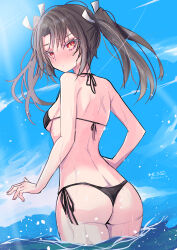 1girl absurdres alternate_eye_color ass bare_shoulders bikini black_bikini blush breasts brown_hair embarrassed hair_ribbon highres hizaka kantai_collection long_hair looking_back ocean partially_submerged red_eyes ribbon side-tie_bikini_bottom small_breasts solo sunlight swimsuit thong_bikini tsurime twintails wet zuikaku_(kancolle)