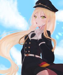 Rule 34 | 1girl, :o, absurdres, aiguillette, arm at side, belt, black coat, black hat, black shorts, blonde hair, blue sky, buttons, cloud, cloudy sky, coat, commentary, commission, double-breasted, english commentary, expressionless, flag print, floating hair, german flag, german flag print, girls&#039; frontline, gloves, green eyes, hand up, hat, highres, index finger raised, lens flare, long hair, long sleeves, looking at viewer, military coat, military dress uniform, military hat, military uniform, multi-source commentary, open mouth, peaked cap, sezu (inuhotwan), short shorts, shorts, sideways glance, skeb commission, sky, solo, stg44 (girls&#039; frontline), two-sided coat, two-sided fabric, upper body, very long hair, white belt, white gloves