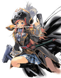 1girl absurdres belt bicorne blue_eyes blush braid commentary_request epaulettes gun hair_ornament hairclip handgun hat highres jacket katou_marika long_hair miniskirt_pirates pirate pirate_hat pistol simple_background skirt skull_and_crossbones smile solo submachine_gun sword trigger_discipline weapon white_background yasuda_akira