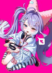 Rule 34 | 1girl, absurdres, ahoge, blush, choigoli, fang, fox girl, fox tail, heavy breathing, heterochromia, highres, leash, long hair, purple hair, purple tail, solo, stellive, tail, tenko shibuki, two-tone tail, virtual youtuber
