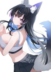 1girl absurdres animal_ear_fluff animal_ears bare_arms bare_shoulders black_hair black_skirt blue_eyes blue_hair breasts cleavage cowboy_shot crop_top fox_ears fox_girl fox_tail from_behind highres large_breasts long_hair looking_at_viewer looking_back median_furrow midriff miniskirt multicolored_hair nail_polish nannung original parted_lips pleated_skirt shirt simple_background skirt sleeveless sleeveless_shirt solo streaked_hair tail tank_top tsukinaka_chie two-tone_hair white_background white_shirt