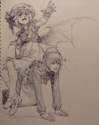 2girls absurdres all_fours apron arm_up ascot bat_wings blood bow braid closed_mouth collared_dress dress fang fingernails frilled_apron frilled_wrist_cuffs frills full_body graphite_(medium) hair_bow hat highres human_chair human_furniture izayoi_sakuya long_hair looking_ahead looking_to_the_side maid maid_apron maid_headdress mary_janes mob_cap multiple_girls nosebleed open_mouth remilia_scarlet sendai_(nazonomono) sharp_fingernails shoes short_hair short_sleeves sitting sitting_on_person skin_fang smile socks sparkle touhou traditional_media twin_braids wings wrist_cuffs