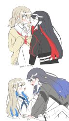 2girls azusawa_kohane between_legs black_hair black_jacket blonde_hair blue_hair blush cardigan colored_inner_hair commentary_request ear_blush earrings fang grey_cardigan hair_ornament highres jacket jewelry korean_commentary long_hair looking_at_another multicolored_hair multiple_girls neckerchief open_mouth orange_eyes project_sekai red_hair red_neckerchief sailor_collar school_uniform serafuku shiraishi_an short_twintails simple_background smile star_(symbol) star_hair_ornament streaked_hair sweater twintails twitter_username wheloo3rd whip_the_wimp_girl!!_(project_sekai) white_background white_sailor_collar yellow_eyes yellow_sweater yuri