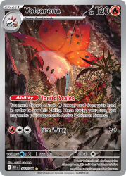 animal_focus artist_name bug card_(medium) character_name company_name copyright_name copyright_notice egawa_akira embers english_text flying gen_5_pokemon grass insect_wings larvesta nintendo no_humans official_art pokemon pokemon_(creature) pokemon_card pokemon_focus pokemon_tcg smoke third-party_source trading_card tree volcarona white_fur wings