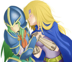2girls armor bad_deviantart_id bad_id blonde_hair blue_cape breastplate brown_gloves cape closed_eyes fingerless_gloves fire_emblem fire_emblem:_radiant_dawn gloves green_eyes green_hair headband heather_(fire_emblem) helmet imminent_kiss multiple_girls nephenee_(fire_emblem) nintendo pauldrons purple_headband seraphim-silveran15 shoulder_armor upper_body yuri