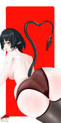 absurdres animal_ears back black_hair blue_eyes blush breasts earrings highres jane_doe_(zenless_zone_zero) jewelry mouse_(animal) no_bra panties red_background smallcheesecake socks tail underwear zenless_zone_zero
