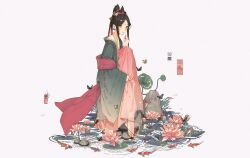1girl absurdres anata_no_utahime_(lzr13708949567) anklet black_hair blush bug butterfly chinese_clothes chinese_text closed_mouth cone_hair_bun dress earrings fish flower full_body hair_bun hair_ornament hand_up hanfu highres huadian insect jewelry koi lily_pad long_hair long_sleeves looking_at_viewer lotus pink_dress pink_flower qixiong_ruqun red_ribbon ribbon rock ruqun sash shawl sidelocks simple_background sitting smile solo water white_background