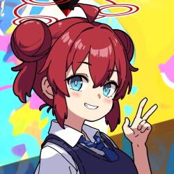 1girl ahoge blue_archive blue_eyes blue_necktie blue_sweater_vest blush bright_pupils collared_shirt double_bun from_side grin hair_bun halo hand_up looking_at_viewer looking_to_the_side maki_(blue_archive) necktie red_hair red_halo shirt smile solo sweater_vest upper_body w white_pupils white_shirt yuuji_overall