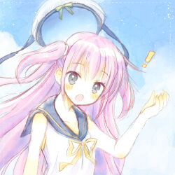 ! 1girl :o aiyan bare_shoulders black_ribbon blue_sailor_collar blue_sky blush commentary_request day dress floating_hair grey_eyes hair_between_eyes hand_up hat hat_ribbon katou_umi long_hair looking_at_viewer open_mouth outdoors pastel_colors pink_hair ribbon sailor_collar sailor_dress sky sleeveless sleeveless_dress solo straw_hat summer_pockets surprised two_side_up unworn_hat unworn_headwear upper_body very_long_hair white_dress white_hat yellow_ribbon
