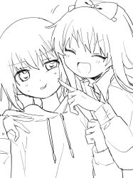 2girls :d blunt_bangs blush bow cheek_poking closed_eyes collared_shirt funami_yui greyscale hair_between_eyes hair_bow hair_ornament happy highres hood hood_down hoodie hug jacket light_blush long_hair long_sleeves migimiya_yoru monochrome multiple_girls open_mouth poking shirt short_hair simple_background sketch smile toshinou_kyouko upper_body v-shaped_eyebrows white_background yuru_yuri