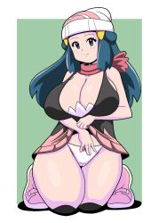 1girl aged_up beanie black_shirt blue_eyes blue_hair border bow bow_panties breasts cleavage clothes_lift curvy dawn_(pokemon) female_focus green_background hair_ornament hat highres kneehighs kneeling koutarosu large_breasts long_hair looking_at_viewer matching_hair/eyes miniskirt nintendo panties pink_skirt poke_ball_print pokemon pokemon_dppt red_bow red_scarf scarf shirt sidelocks simple_background skirt skirt_lift smile socks solo thick_thighs thighs underwear white_hat white_panties