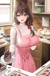 1girl absurdres apron blueberry blush bow bowl breasts brown_eyes brown_hair cake cake_slice chocolate_making commission food fruit hair_bow highres holding holding_coffee_pot holding_plate kitchen large_breasts lillly long_hair long_sleeves looking_at_viewer mixing_bowl open_mouth original plate smile solo strawberry turtleneck