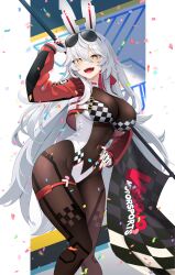1girl absurdres black_leotard blush bodysuit breasts checkered_flag commentary confetti covered_navel cropped_jacket english_commentary eyewear_on_head fingerless_gloves flag flag_print front_zipper gloves glowing_nails grey_hair highres holding holding_flag jacket large_breasts leotard long_hair long_sleeves looking_at_viewer noctelle open_mouth race_flag race_queen red_jacket skin_tight smile solo virtual_youtuber vshojo white_gloves white_hair yellow_eyes zentreya zentreya_(cyborg) zentreya_(cyborg)_(race_queen) zipper_leotard