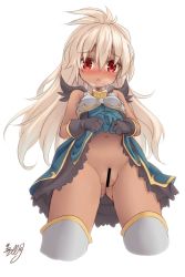10s 1girl :o ahoge armor armored_dress ass bare_shoulders black_gloves blonde_hair blue_dress blush censored clothes_lift cropped_legs dark-skinned_female dark_skin dress dress_lift female_focus from_behind gloves granblue_fantasy hair_between_eyes long_hair musouzuki navel no_panties nose_blush open_mouth pussy pussy_juice red_eyes short_dress signature simple_background solo white_background wide_hips zooey_(granblue_fantasy)