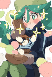 Rule 34 | 1girl, :t, blue pupils, blush, brown bag, brown mittens, closed mouth, commentary request, diamond clan outfit, eyelashes, green eyes, green hair, green pantyhose, hair between eyes, highres, hood, hood down, hooded jacket, jacket, knees together feet apart, long hair, looking down, mittens, nintendo, pantyhose, pokemon, pokemon legends: arceus, sabi (pokemon), sasami 642, skirt, solo, twintails