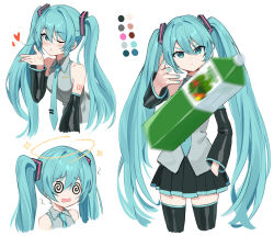 1girl @_@ aqua_eyes aqua_hair aqua_nails bib_(bibboss39) black_sleeves black_thighhighs blowing_kiss bottle closed_mouth color_guide commentary cowboy_shot cropped_legs cropped_shoulders cropped_torso detached_sleeves dizzy english_commentary expressionless grey_necktie grey_shirt hand_in_pocket hand_up hatsune_miku highres juice long_hair looking_at_viewer meme motion_blur multiple_views necktie one_eye_closed plastic_bottle poppippoo_(vocaloid) shirt simple_background sleeveless sleeveless_shirt thighhighs throwing twintails upper_body v-shaped_eyebrows very_long_hair vocaloid white_background woe_plague_be_upon_ye_(meme)