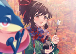 1girl :d alternate_costume asuka_(senran_kagura) autumn autumn_leaves black_hair black_shirt blue_scarf blush breasts brown_eyes buttons camping casual creatures_(company) crossover fire food forest game_freak gen_6_pokemon gogat8 green_jacket greninja hair_ornament hair_ribbon hairclip holding holding_food holding_stick jacket large_breasts leaf long_sleeves long_tongue looking_at_viewer marshmallow nature nintendo open_mouth outdoors plaid_clothes plaid_scarf plant pokemon pokemon_(creature) ponytail red_eyes red_ribbon red_scarf ribbed_shirt ribbon roasted_marshmallow scarf senran_kagura senran_kagura_shoujo-tachi_no_shin&#039;ei shirt short_hair smile sparks stick swept_bangs tongue tongue_scarf tree two-tone_scarf webbed_hands