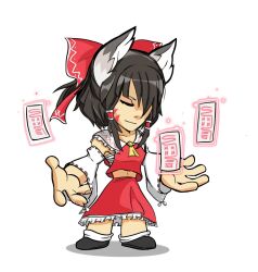 Rule 34 | 1girl, animal ears, armpit peek, ascot, black shoes, bobby socks, bow, brawlhalla, breasts, brown hair, chibi, closed eyes, closed mouth, collarbone, collared shirt, cosplay, cringywoomy, crop top, detached sleeves, dress, facial mark, fox ears, fox girl, frilled shirt collar, frilled skirt, frills, hair bow, hair over one eye, hakama, hakama skirt, hakurei reimu, hakurei reimu (cosplay), highres, japanese clothes, kitsune, meditation, medium hair, midriff, miko, mismatched eyebrows, navel, one eye covered, outfit connection, red bow, red dress, red hakama, red shirt, red skirt, red vest, ribbon-trimmed sleeves, ribbon trim, sarashi, shadow, shirt, shoes, sidelocks, simple background, skirt, skirt set, sleeveless, sleeveless dress, sleeveless shirt, small breasts, smile, socks, solo, talisman, touhou, vest, whisker markings, white background, white hair, white sleeves, wide sleeves, yellow ascot, yumiko (brawlhalla)