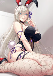 Rule 34 | 1girl, animal ears, aqua eyes, arm strap, bare shoulders, black hairband, black leotard, breasts, commentary request, eyes visible through hair, fake animal ears, fake tail, fishnet thighhighs, fishnets, green nails, grey hair, hair ornament, hair over one eye, hairband, high heels, highleg, highleg leotard, highres, large breasts, leotard, long hair, looking at viewer, nail polish, original, parted lips, playboy bunny, rabbit ears, rabbit tail, sakiyamama, solo, tail, thighhighs