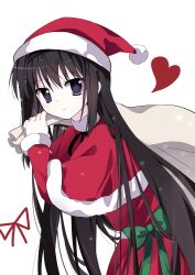 1girl 2000s_(style) akemi_homura black_ribbon bow capelet carrying_over_shoulder chinese_commentary christmas commentary_request cowboy_shot dot_nose dress expressionless faux_retro_artstyle fur-trimmed_capelet fur-trimmed_headwear fur-trimmed_sleeves fur_trim green_bow hair_between_eyes hat highres holding holding_sack leaning_forward light_blush liuxiangyun20993 long_dress long_sleeves mahou_shoujo_madoka_magica mahou_shoujo_madoka_magica_(anime) neck_ribbon parted_lips pom_pom_(clothes) red_capelet red_dress red_hat red_ribbon ribbon sack santa_costume santa_hat simple_background snowing solo standing straight_hair waist_bow white_background