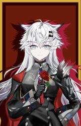 Rule 34 | 1girl, absurdres, animal ears, arknights, arm behind back, black cape, black gloves, blue eyes, border, cape, chinese commentary, clothing request, commentary request, flower, gloves, grey eyes, hair between eyes, hair ornament, hairclip, highres, holding, holding flower, lappland (arknights), lappland the decadenza (arknights), light smile, long hair, long sleeves, looking at viewer, overlord dog, red background, red border, red cape, red flower, red rose, rose, scar, scar across eye, scar on face, shadow, solo, standing, straight-on, turtleneck, two-sided cape, two-sided fabric, upper body, white hair, wolf ears, wolf girl, yellow border