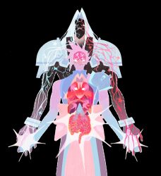 1boy 2girls aerith_gainsborough armor black_background brain cloud_strife cowboy_shot cross-section curtained_hair final_fantasy final_fantasy_vii heart_(organ) height_difference highres holding_hands intestines jaysoysaucee large_intestine long_hair lungs multiple_girls nervous_system organs outline own_hands_together parted_bangs pauldrons praying red_eyes sephiroth short_hair shoulder_armor single_shoulder_pad small_intestine spiked_hair steepled_fingers white_outline