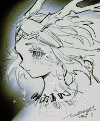 1girl animal_ears choker circlet closed_mouth dragon_ears dragon_girl dragon_horns highres horns light_blush mouyi nintendo parted_bangs princess_zelda sample_watermark short_hair sidelocks signature sketch solo teardrop_facial_mark the_legend_of_zelda the_legend_of_zelda:_tears_of_the_kingdom upper_body watermark