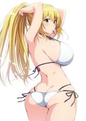 Rule 34 | 1girl, ass, bikini, blonde hair, breasts, butt crack, garukichi, highres, large breasts, looking at viewer, looking back, side-tie bikini bottom, swimsuit, tagme