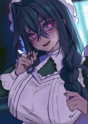 1girl absurdres apron black_dress black_hair blue_eyes blush braid dress erroz_(errozthewhite) heart heart-shaped_pupils highres hololive hololive_english long_hair maid_apron official_alternate_costume official_alternate_hairstyle ouro_kronii ouro_kronii_(maid) solo sweat symbol-shaped_pupils virtual_youtuber white_apron