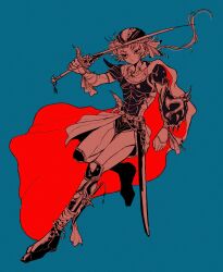 Rule 34 | 1boy, anklet, aqua background, arm shield, armor, breastplate, cape, dagger, dissidia final fantasy, dynamic pose, expressionless, film grain, final fantasy, final fantasy ii, firion, floating hair, full body, greyscale with colored background, headscarf, highres, holding, holding sword, holding weapon, jewelry, knee armor, knife, long hair, male focus, nayo (kr 000515), pauldrons, poleyn, ponytail, red cape, scabbard, sheath, shoulder armor, solo, spot color, sword, two-sided cape, two-sided fabric, two-tone cape, weapon