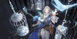 1boy absurdres bird birdcage bishounen blue_eyes blue_vest cage feathers hand_up highres long_sleeves male_focus medium_hair official_art official_wallpaper parted_bangs parted_lips solo sword_of_convallaria taair_(sword_of_convallaria) vest waistcoat white_hair