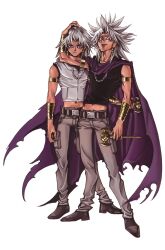 2boys :p black_shirt bracelet brown_shoes cape chain chain_necklace gold_armlet gold_bracelet grey_hair grey_pants jewelry looking_at_viewer male_focus marik_ishtar midriff millennium_rod multiple_boys necklace official_art pants purple_cape shirt shoes short_hair simple_background sleeveless sleeveless_shirt takahashi_kazuki tattoo tongue tongue_out white_background white_shirt yami_marik yu-gi-oh! yu-gi-oh!_duel_monsters