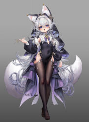 Rule 34 | 1girl, animal ear fluff, animal ears, artist name, black dress, black thighhighs, black veil, blue eyes, blush, commission, covered navel, dress, fh moya, flat chest, fox ears, fox girl, fox tail, full body, grey background, hair between eyes, highres, holding, holding key, key, lock necklace, long hair, looking at viewer, nail polish, nun, open mouth, original, second-party source, simple background, skin tight, smile, solo, tail, thighhighs, toes, veil, very long hair