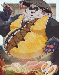 1boy animal_ears belly bracelet chinese_clothes chopsticks commentary english_commentary fangs fat fat_man food furry furry_male highres holding holding_chopsticks jewelry looking_at_viewer male_focus noodles open_mouth pan_yinhu panda_boy panda_ears pawpads ramen riisago round_eyewear shirt smile spiked_bracelet spikes wok yellow_shirt zenless_zone_zero