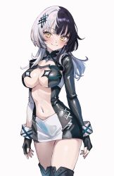 1girl highres hololive hololive_english impossible_clothes multicolored_hair navel shiori_novella smile standing virtual_youtuber y_uunaa yellow_eyes